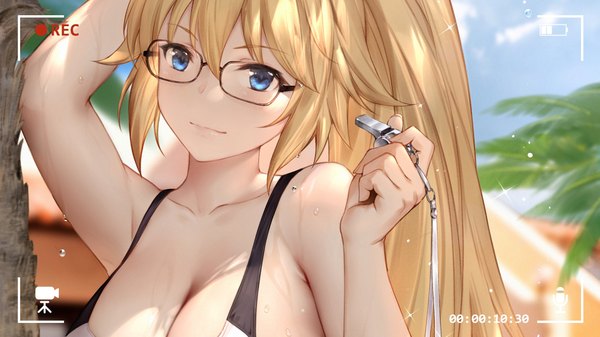 Anime picture 2200x1238 with fate (series) fate/grand order jeanne d'arc (fate) (all) jeanne d'arc (swimsuit archer) yijian ma single long hair looking at viewer blush fringe highres breasts blue eyes light erotic blonde hair hair between eyes wide image large breasts holding payot