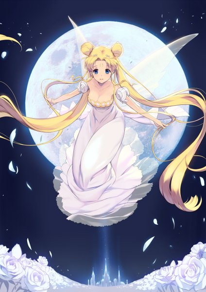 Anime picture 1000x1414 with bishoujo senshi sailor moon toei animation tsukino usagi princess serenity 1000marie single tall image looking at viewer blonde hair twintails very long hair hair bun (hair buns) insect wings butterfly wings girl dress petals wings moon