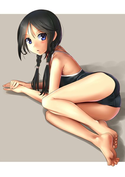 Anime picture 566x800 with original katahira masashi single long hair tall image looking at viewer open mouth blue eyes light erotic black hair bare shoulders bent knee (knees) lying braid (braids) barefoot bare legs shadow no shoes twin braids girl