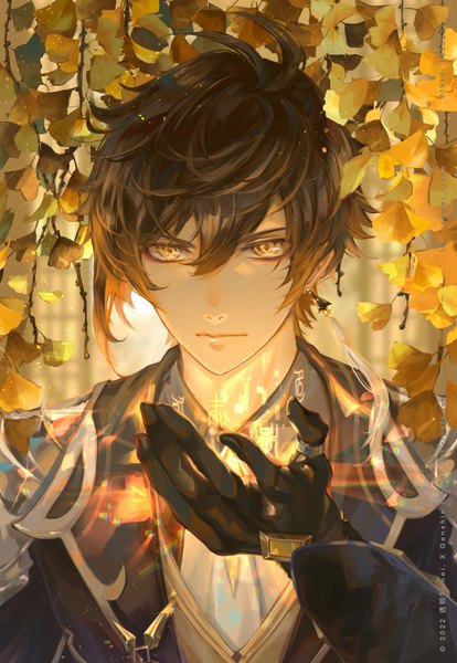 Anime picture 2000x2899 with genshin impact zhongli (genshin impact) transparent (artist) single tall image fringe highres short hair hair between eyes brown hair yellow eyes looking away upper body boy gloves black gloves leaf (leaves) single earring ginkgo