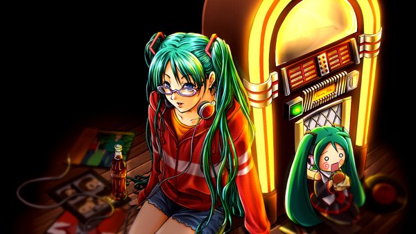 Anime picture 1920x1080 with vocaloid coca-cola hatsune miku hachune miku kagura suzuki (artist) single long hair highres open mouth blue eyes wide image sitting aqua hair headphones around neck girl glasses shorts headphones sweater hamburger