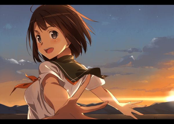Anime picture 1259x900 with original kinta (distortion) single looking at viewer blush fringe short hair brown hair sky cloud (clouds) ahoge looking back black eyes outstretched arm evening sunset letterboxed spread arms girl uniform
