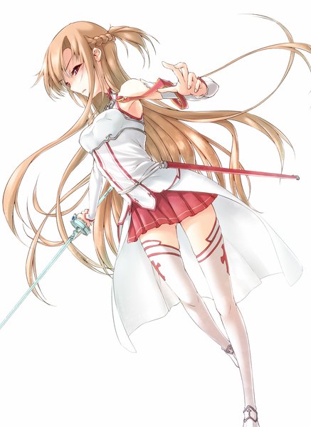 Anime picture 1275x1750 with sword art online a-1 pictures yuuki asuna asahi (ge nyu) single long hair tall image looking at viewer open mouth blonde hair white background bare shoulders brown eyes pleated skirt girl thighhighs weapon detached sleeves white thighhighs sword