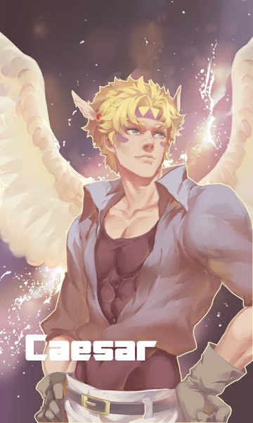 Anime picture 600x1000 with jojo no kimyou na bouken caesar anthonio zeppeli kurumi (recycllamo) single tall image short hair blue eyes blonde hair looking away character names facial mark muscle angel wings hands on hips boy gloves wings hairband