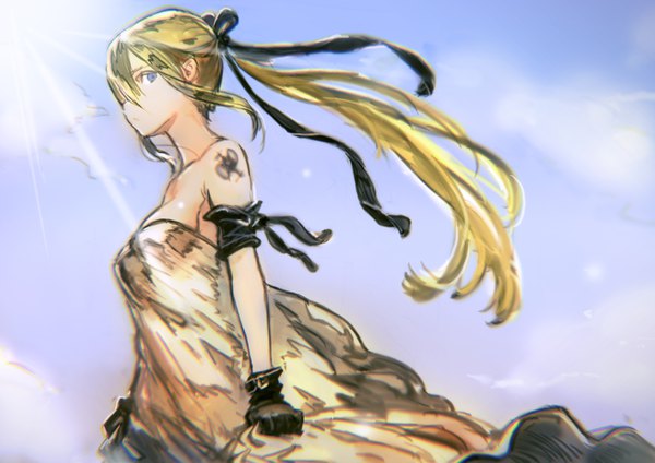 Anime picture 3508x2480 with original okuto single long hair looking at viewer fringe highres breasts blue eyes blonde hair hair between eyes standing bare shoulders payot absurdres sky outdoors profile wind sunlight
