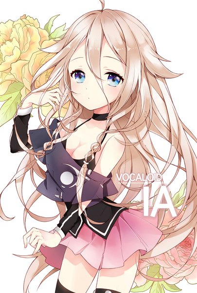 Anime picture 800x1184 with vocaloid ia (vocaloid) pingo single tall image looking at viewer blush fringe blue eyes light erotic blonde hair hair between eyes bare shoulders cleavage ahoge braid (braids) very long hair copyright name character names twin braids