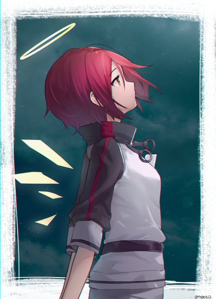 Anime picture 1082x1500 with arknights exusiai (arknights) amopui single tall image short hair red eyes standing signed looking away upper body red hair profile twitter username girl wings halo