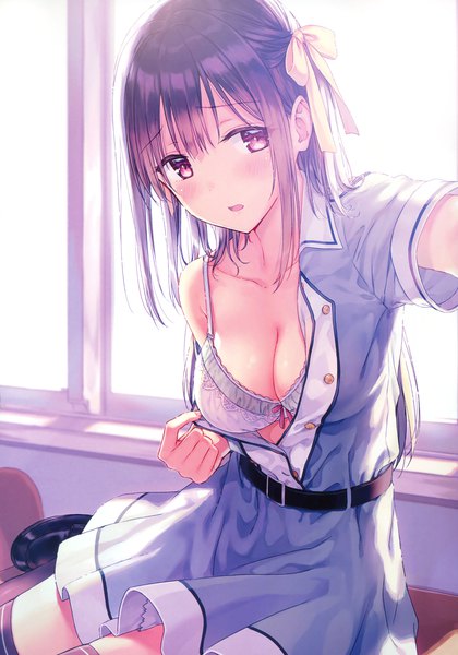 Anime picture 2308x3300 with original matsumoto erina hiten (hitenkei) single long hair tall image looking at viewer blush fringe highres breasts open mouth light erotic large breasts sitting bent knee (knees) sunlight scan short sleeves undressing