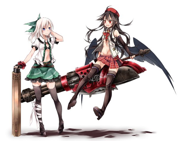 Anime picture 1398x1113 with god eater touhou god eater burst ufotable reiuji utsuho alisa ilinichina amiella toutenkou long hair breasts open mouth blue eyes light erotic black hair smile red eyes standing white background sitting multiple girls looking away