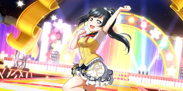 Anime picture 3600x1800 with love live! nijigasaki high school idol club sunrise (studio) love live! yuuki setsuna (love live!) single long hair looking at viewer blush fringe highres open mouth black hair smile wide image standing ponytail blunt bangs :d arm up official art