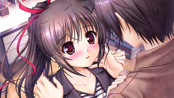 Anime picture 1280x720 with daitoshokan no hitsujikai kakei kyoutarou sakuraba tamamo bekkankou long hair blush short hair open mouth black hair wide image purple eyes game cg ponytail face to face girl boy ribbon (ribbons) hair ribbon jacket book (books)