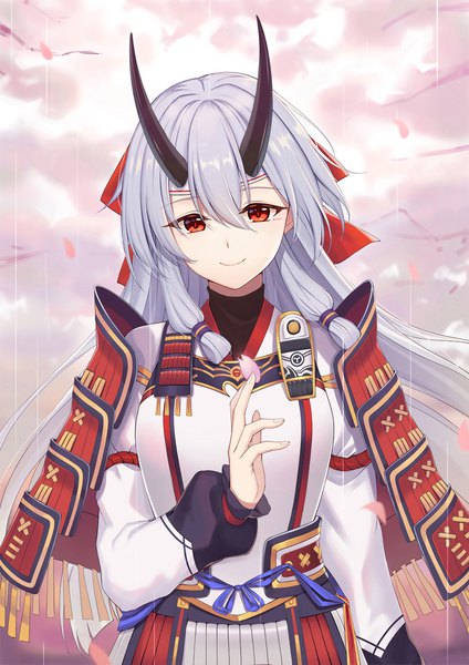Anime picture 1290x1825 with fate (series) fate/grand order tomoe gozen (fate) baseness single long hair tall image looking at viewer blush fringe breasts smile hair between eyes red eyes standing holding silver hair traditional clothes japanese clothes horn (horns)