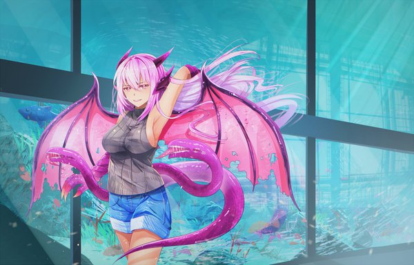 Anime picture 1920x1231 with monster girl encyclopedia jabberwock (monster girl encyclopedia) daikazoku63 single long hair looking at viewer fringe highres breasts open mouth light erotic hair between eyes payot pink hair tail pink eyes arm up horn (horns) light smile armpit (armpits)
