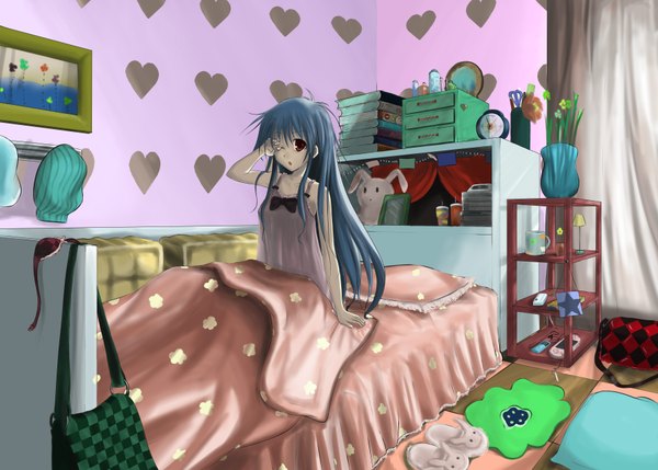 Anime picture 3580x2560 with original kyaro (kyaro54) single long hair highres open mouth red eyes bare shoulders blue hair absurdres sleepy girl flower (flowers) bed bag sundress bedroom