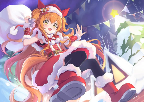 Anime picture 7000x4949 with umamusume mayano top gun (umamusume) xuan ye single long hair highres open mouth yellow eyes absurdres tail :d animal tail orange hair two side up christmas snow horse tail miracles of the holy night (umamusume) girl thighhighs