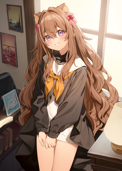 Anime picture 1786x2505 with original nyum single long hair tall image looking at viewer blush fringe highres smile hair between eyes brown hair standing purple eyes animal ears indoors long sleeves parted lips head tilt from above