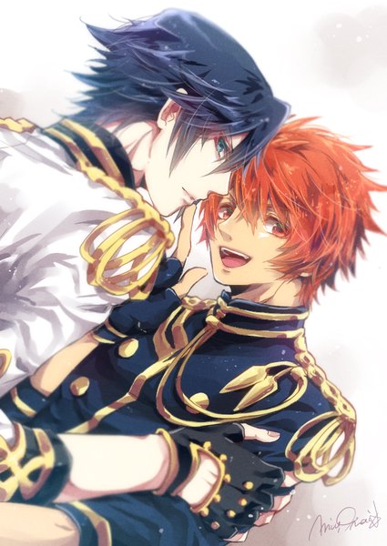 Anime picture 700x989 with uta no prince-sama a-1 pictures ichinose tokiya ittoki otoya nagisa-a tall image looking at viewer fringe short hair open mouth hair between eyes red eyes signed blue hair upper body red hair profile multiple boys finger to mouth shounen ai