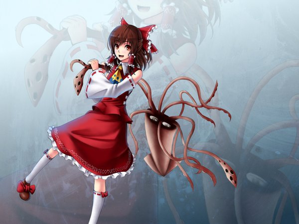 Anime picture 1600x1200 with touhou hakurei reimu gayprince single short hair open mouth red eyes brown hair miko zoom layer girl bow hair bow detached sleeves squid