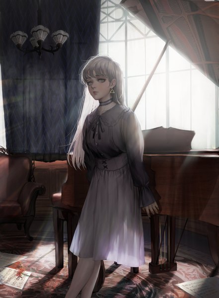 Anime-Bild 2405x3270 mit original usukuchi (impasto life) single long hair tall image blush fringe highres standing looking away silver hair indoors parted lips leaning silver eyes backlighting girl dress skirt flower (flowers)