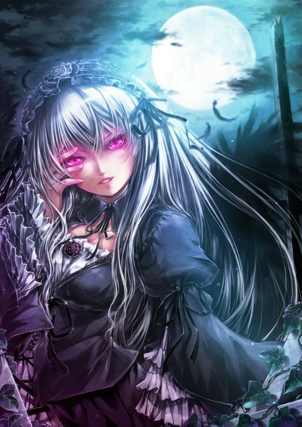 Anime picture 839x1186 with rozen maiden suigintou misaki (kyal 001) single long hair tall image looking at viewer sky silver hair cloud (clouds) pink eyes night black wings lolita fashion hand on face goth-loli girl ribbon (ribbons) wings frills