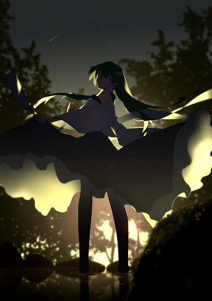 Anime picture 1748x2481 with touhou kochiya sanae megusuri single long hair tall image looking at viewer highres traditional clothes japanese clothes looking back green hair evening dark background miko backlighting shooting star girl skirt hair ornament