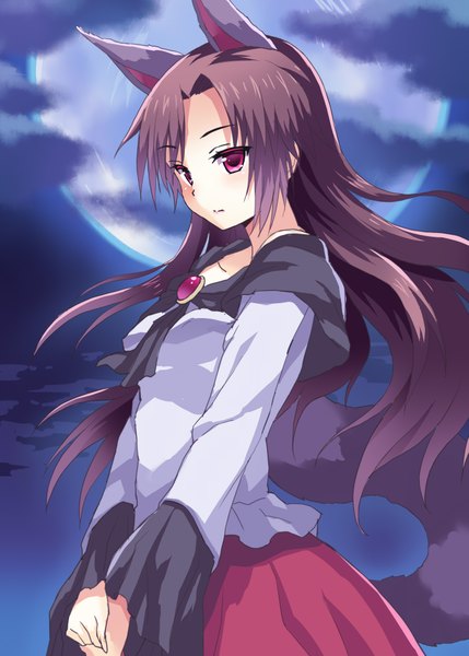 Anime picture 1429x2000 with touhou imaizumi kagerou rasahan (artist) single long hair tall image looking at viewer red eyes brown hair standing cloud (clouds) long sleeves wind night night sky girl skirt water moon full moon