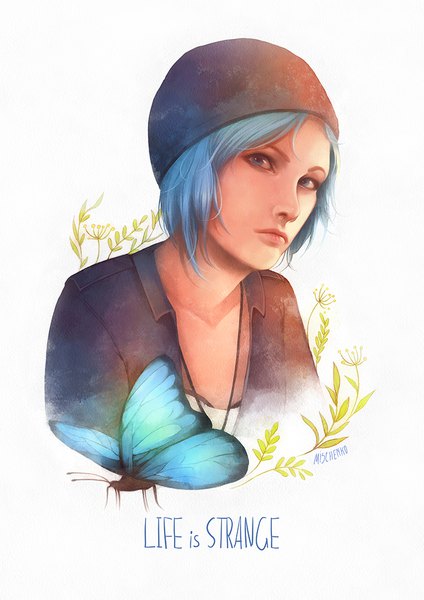 Anime-Bild 746x1055 mit life is strange chloe price moon-in-milk single tall image looking at viewer short hair blue eyes simple background white background signed upper body realistic aqua hair inscription copyright name portrait girl plant (plants) shirt