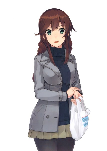 Anime picture 2000x2810 with kantai collection lawson noshiro light cruiser konishi (koconatu) single long hair tall image looking at viewer blush highres breasts open mouth simple background smile brown hair large breasts white background green eyes braid (braids) :d