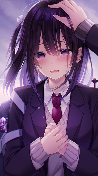 Anime picture 2605x4649 with original kuro namako long hair tall image looking at viewer blush fringe highres open mouth black hair hair between eyes purple eyes payot long sleeves tears one side up solo focus crying anaglyph hands clasped
