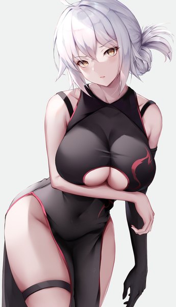 Anime picture 2712x4713 with fate (series) fate/grand order jeanne d'arc (fate) (all) jeanne d'arc alter (fate) kisaki oni single tall image looking at viewer blush fringe highres short hair breasts open mouth light erotic simple background hair between eyes large breasts yellow eyes payot