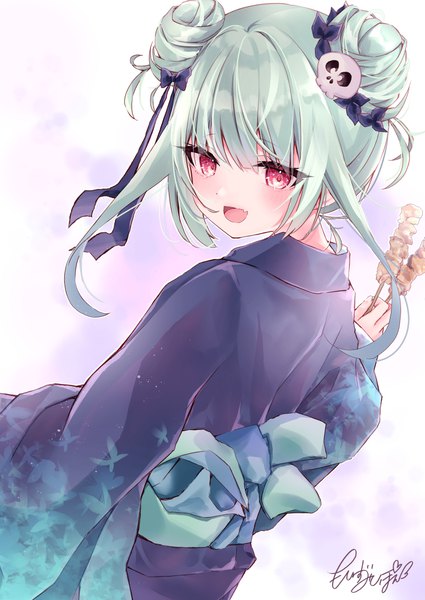 Anime picture 800x1130 with virtual youtuber hololive uruha rushia moizumi shipon single long hair tall image blush open mouth red eyes holding looking away traditional clothes :d japanese clothes green hair from behind hair bun (hair buns) girl hair ornament