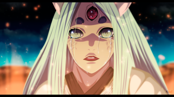Anime picture 2667x1500 with naruto studio pierrot naruto (series) ootsutsuki kaguya robcv single long hair highres red eyes wide image green eyes sky cloud (clouds) white hair traditional clothes japanese clothes horn (horns) lips lipstick coloring