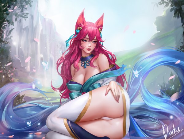 Anime picture 2504x1890 with league of legends ahri (league of legends) spirit blossom ahri tangerine (dudu) single long hair looking at viewer blush fringe highres breasts blue eyes light erotic hair between eyes large breasts sitting signed animal ears pink hair sky