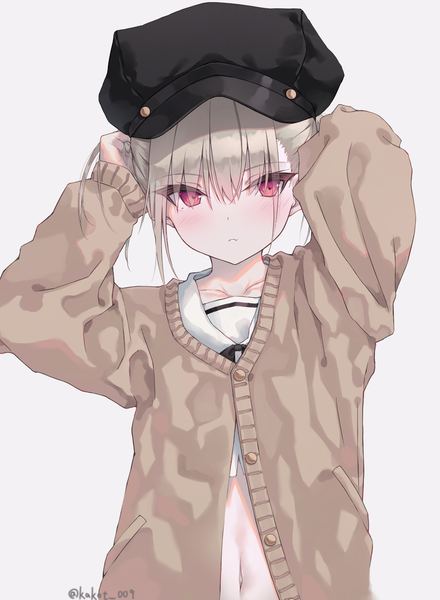 Anime picture 1546x2108 with original kakoto single tall image looking at viewer blush fringe short hair simple background hair between eyes standing white background silver hair pink eyes arms up fang (fangs) girl navel hat cardigan