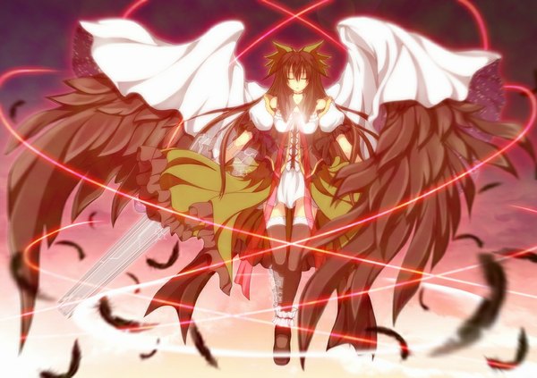 Anime picture 1133x800 with touhou reiuji utsuho guriserin (artist) single long hair black hair eyes closed arm cannon girl thighhighs bow weapon black thighhighs hair bow wings feather (feathers)