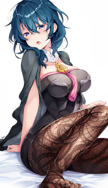 Anime picture 689x1200 with fire emblem fire emblem: three houses nintendo byleth (fire emblem) byleth (female) (fire emblem) ringozaka mariko single long hair tall image looking at viewer blush fringe breasts open mouth blue eyes light erotic simple background hair between eyes large breasts white background