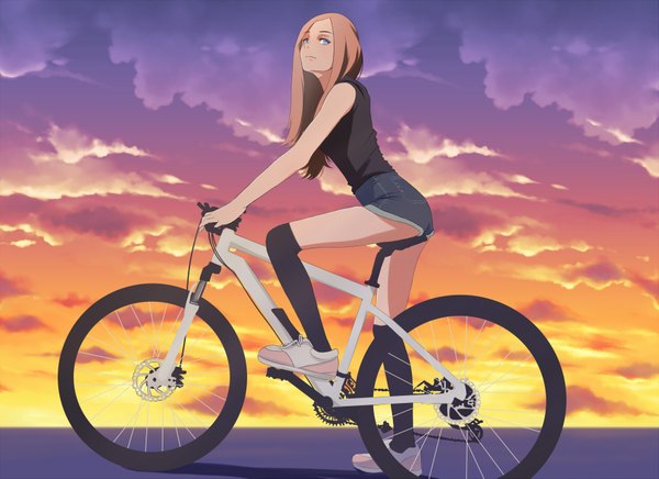 Anime picture 1753x1275 with original yamauchi koen single long hair highres blue eyes brown hair sitting holding looking away sky cloud (clouds) full body bent knee (knees) outdoors head tilt shadow from below outstretched arm evening