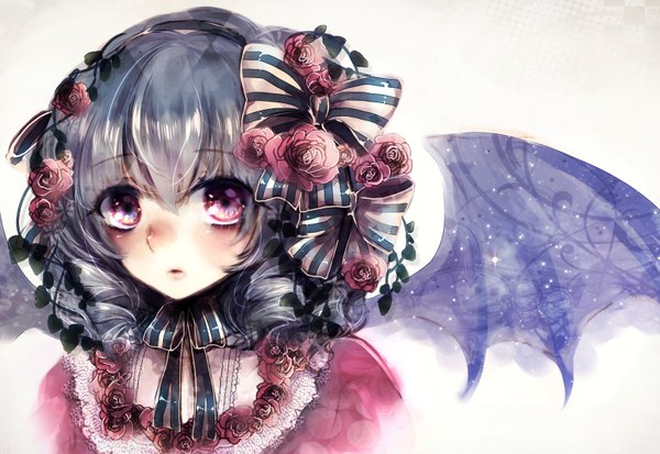 Anime picture 3238x2229 with touhou remilia scarlet ginzuki ringo single looking at viewer blush fringe highres short hair simple background white background absurdres purple hair pink eyes hair flower drill hair girl hair ornament flower (flowers) bow