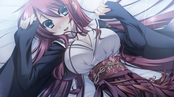 Anime picture 1280x720 with appare! tenka gomen tokugawa yoshine katagiri hinata long hair blush open mouth blue eyes wide image game cg red hair lying traditional clothes girl