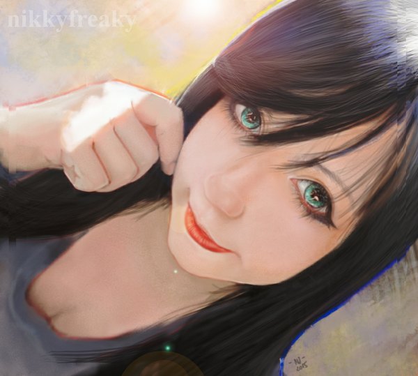 Anime picture 889x800 with original nikkyfreaky single long hair looking at viewer black hair signed aqua eyes from above lips realistic adjusting hair close-up girl
