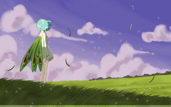 Anime picture 1920x1200 with eureka seven studio bones eureka highres short hair wide image cloud (clouds) from behind aqua hair landscape field girl plant (plants) wings grass