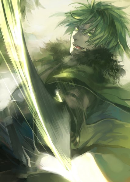 Anime picture 1024x1440 with original pixiv fantasia pixiv fantasia v coralstone single tall image short hair open mouth green eyes green hair boy sword