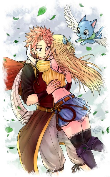 Anime picture 1797x2886 with fairy tail lucy heartfilia natsu dragneel happy (fairy tail) leonstar long hair tall image highres short hair blonde hair standing green eyes signed looking away pink hair hug half updo flying 2015 girl