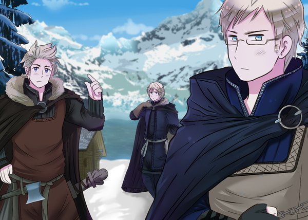 Anime picture 1400x1000 with axis powers hetalia studio deen sweden (hetalia) denmark (hetalia) norway (hetalia) drawsurreal looking at viewer blush short hair blue eyes smile standing sky cloud (clouds) traditional clothes arm up grey hair multiple boys fur trim winter