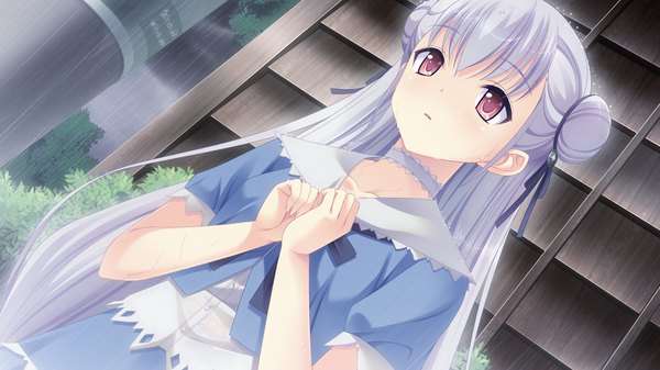 Anime picture 1920x1080 with anata no koto o suki to iwasete long hair highres red eyes wide image game cg white hair rain girl dress ribbon (ribbons) hair ribbon