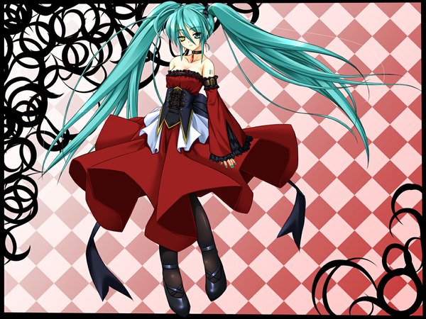 Anime picture 1124x843 with vocaloid hatsune miku argenteumastrum single long hair fringe hair between eyes twintails bare shoulders full body aqua hair heterochromia checkered checkered background girl dress detached sleeves choker red dress corset