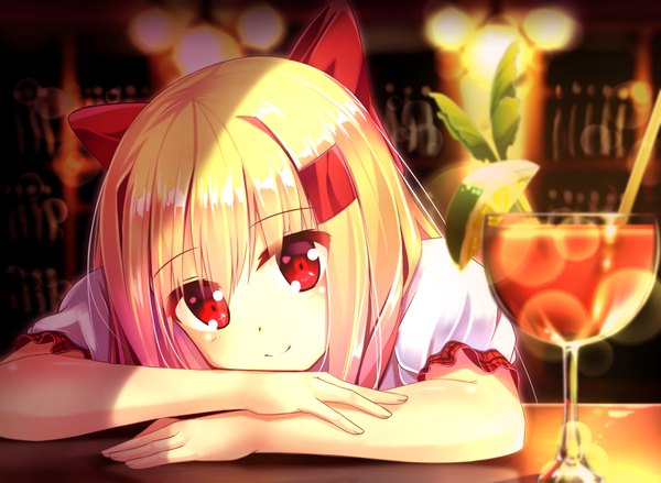 Anime picture 3812x2792 with original yan (nicknikg) single long hair blush fringe highres blonde hair smile hair between eyes red eyes payot looking away absurdres indoors lying head tilt short sleeves loli wallpaper