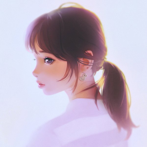 Anime picture 1080x1080 with original ilya kuvshinov single long hair simple background brown hair payot looking away ahoge ponytail profile lips from behind black eyes blue background striped girl earrings