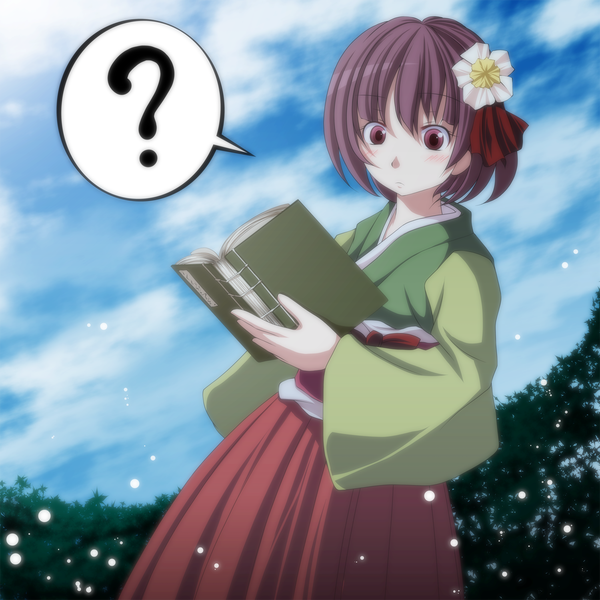 Anime picture 1500x1500 with touhou hieda no akyuu s-syogo single short hair red eyes purple hair cloud (clouds) traditional clothes snowing winter snow ? girl hair ornament book (books) speech bubble