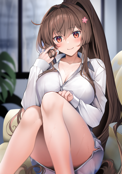 Anime picture 2000x2843 with kantai collection yamato super battleship yuna (yukiyuna) single tall image looking at viewer blush fringe highres breasts smile hair between eyes red eyes brown hair large breasts sitting payot cleavage bent knee (knees) ponytail